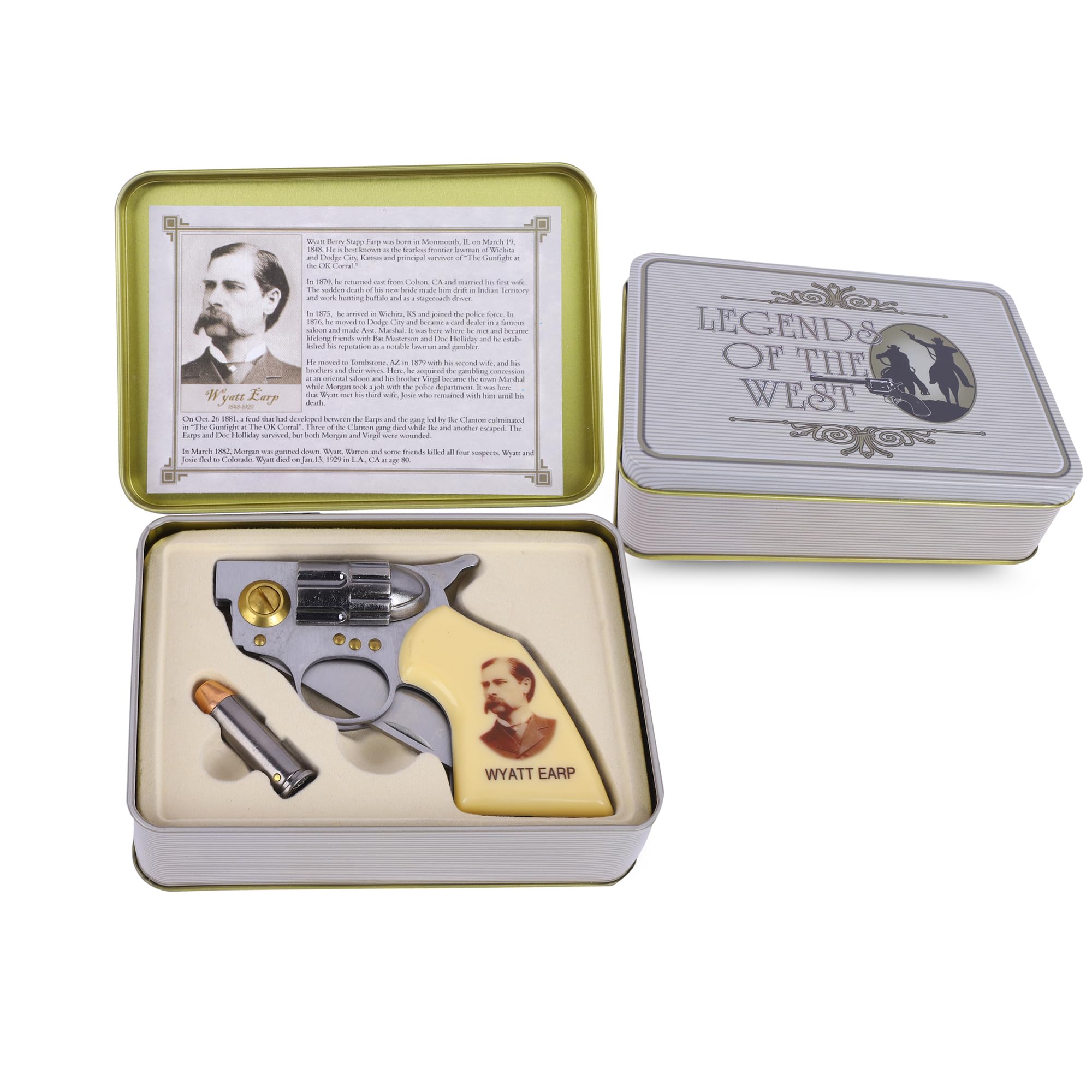 Trendy Zone 21 Folding Wyatt Earp Folding Knife, 7.5 inch Open Pocket Knife with Printed Portrait of Wyatt Earp| Comes with Small Knife 2.75" long (Open) with a printed Collectible Tin Box