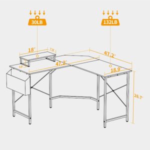 CubiCubi L Shaped Gaming Desk, 47.2 inch Computer Corner Desk with Monitor Shelf for Home Office Study Writing Workstation, White