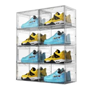 omopin xl shoe storage box,8 pack drop side shoe boxes clear plastic stackable,sneaker display case with magnetic door fit up to us 13（13.4”x 10.6”x 8.3”(8 pack clear)