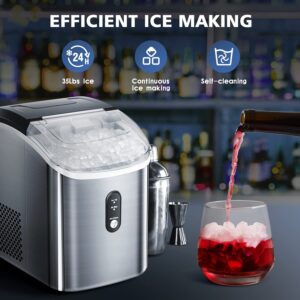 Nugget Ice Makers Countertop, Crushed Ice Maker with Handle,35Lbs/24H,Soft Chewable Ice, Pebble Ice Maker with Self-Cleaning, Ice Scoop and Ice Basket,for Home,Office,Kitchen,Stainless Steel (Silver)