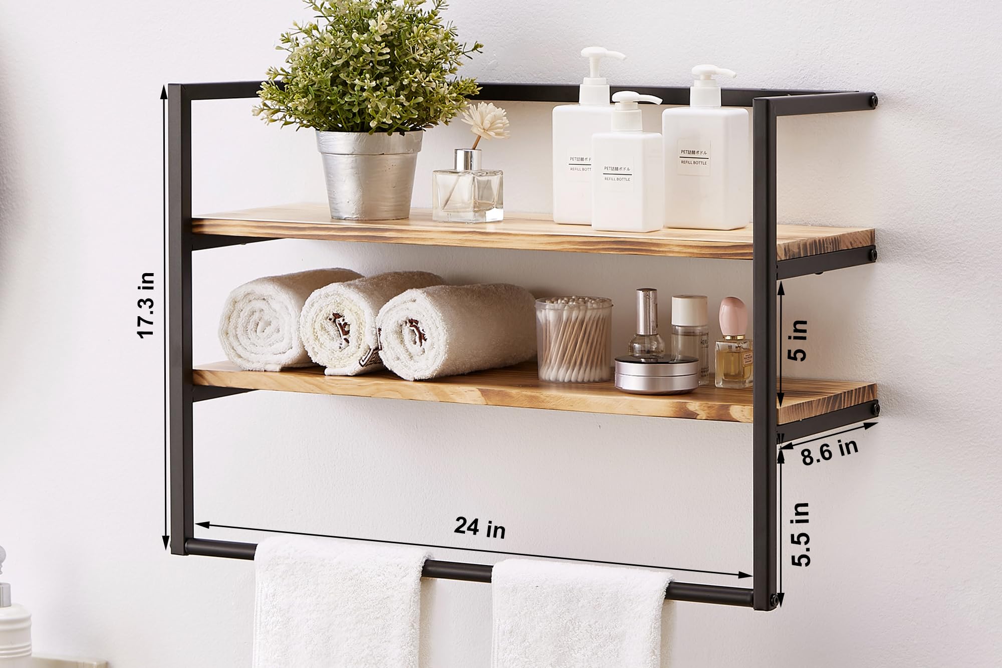 Metal Industrial 2 Tier Bathroom Shelves Wall Mounted,24" Bathroom Shelf with Towel Bar,Wall Shelf Towel Rack Over Toilet,Floating Shelves Towel Holder,Solid Wood Shelves with Metal Frame,Black