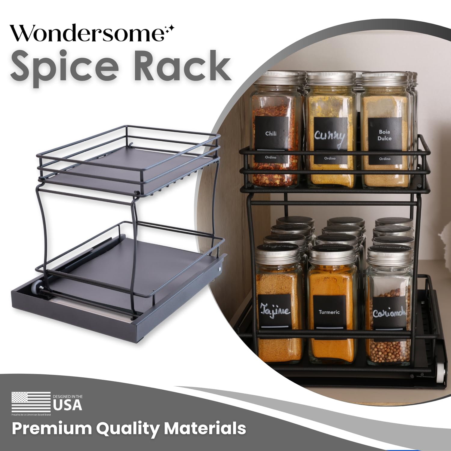 Wondersome Pull-Out Spice Rack Organizer for Cabinet Shelf - Matt Black - 2-Tier Kitchen Jars Organization and Storage Tray - EZ-Slide Rolling Drawer Wheels - Assembles in Moments - US-Based Brand