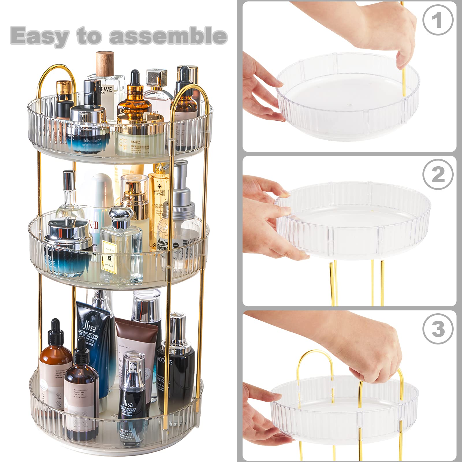 360 Rotating Makeup Organizer for Vanity 3 Tier, Easy to Assemble Spinning Bathroom Organizer, High-Capacity Skincare Perfume Organizers Cosmetic Display Case,Fits Countertop and Bathroom