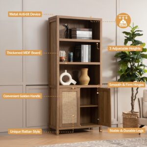 SICOTAS Bookcase 5 Tier Bookshelf Rattan Boho Tall Book Case Shelf with Doors Storage Large Wood Bookcases Farmhouse Bookshelves Library Shelves for Living Room Bedroom Home Office Kitchen (Oak 2PCS)