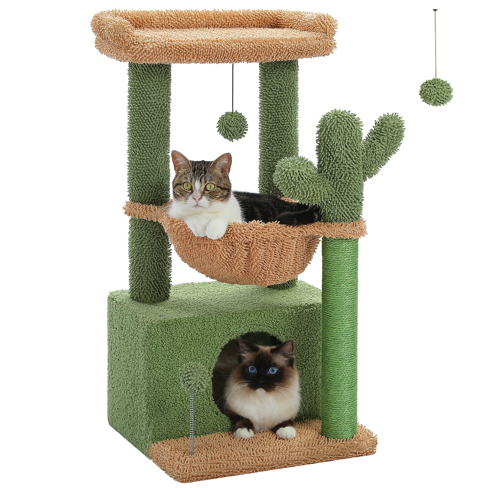 PEQULTI 4-in-1 Cactus Cat Tree, 33'' Cat Tower for Indoor Cats with Large Cat Condo, Cat Scratching Post for Cats with Deep Hammock& Cozy Top Perch,Green