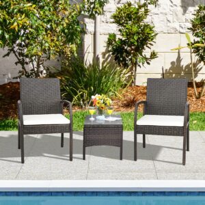 Tangkula Patio Wicker Dining Chair Set of 2, Outdoor PE Rattan Armchairs with Removable Cushion, Armrest, Weather-Resistant Wicker, Patio Armchairs for Garden, Backyard, Poolside (1, Off White)