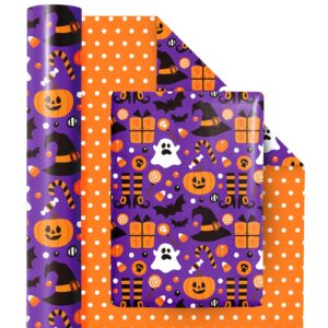 ruspepa reversible wrapping paper roll - mini roll - pumpkin, witch hat, bat and ghost pattern great for halloween, party, baby shower - 17 inches x 32.8 feet