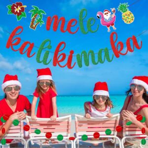 Mele Kalikimaka Banner Red Green Glitter, Hawaiian Christmas Banner, Summer Christmas Party Decorations, Hawaiian Tropical Theme Christmas Holiday Party Decorations Supplies