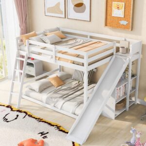 CITYLIGHT Full Over Full Bunk Beds with Slide, Wood Full Bunk Bed with Storage Shelves & Ladder,Floor Bunk Bed Full Size for Kids Girls Boys, White