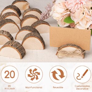 20 Premium Wood Place Card Holders, Rustic Mini Table Number Holders with 20 Kraft Table Place Cards and 50 m Natural Jute Rope, Table Sign Stand, Name Card Photo Picture Holders for Wedding Party