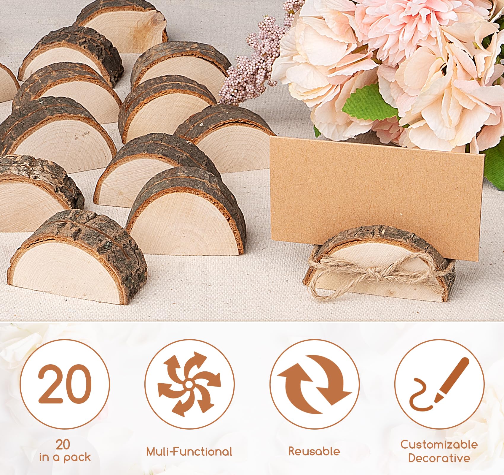 20 Premium Wood Place Card Holders, Rustic Mini Table Number Holders with 20 Kraft Table Place Cards and 50 m Natural Jute Rope, Table Sign Stand, Name Card Photo Picture Holders for Wedding Party