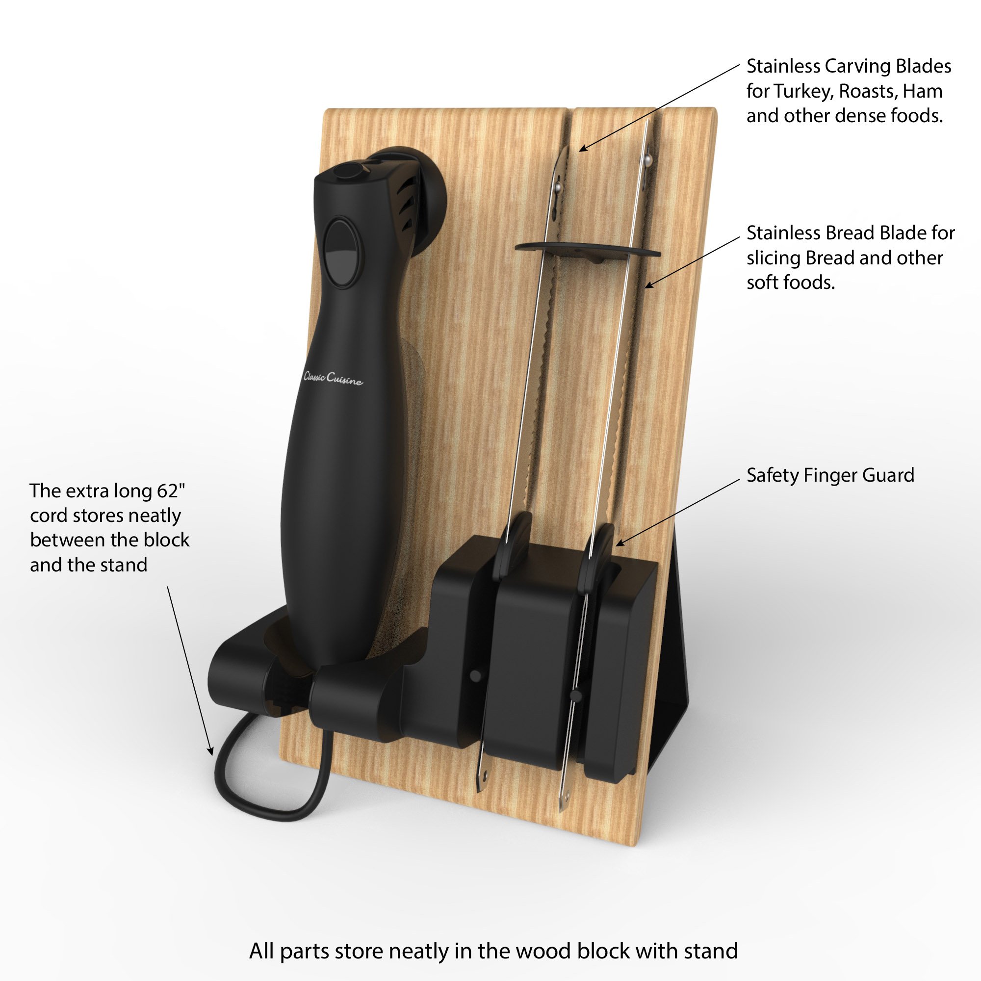 Classic Cuisine Electric Carving Knife Set - 2 Stainless-Steel Blades, Comfort Grip Handle, and Wood Storage Block for Slicing Bread, Meat and More