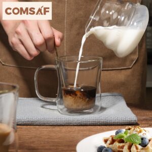 ComSaf glass coffee cups 12 oz with handle, latte cup Set of 4, Double Walled Glass Coffee Mugs, clear coffee mug for Americano, Lungo, Mocha, Machiato,Cappuccino, Ideal Gift for Christmas, Birthday