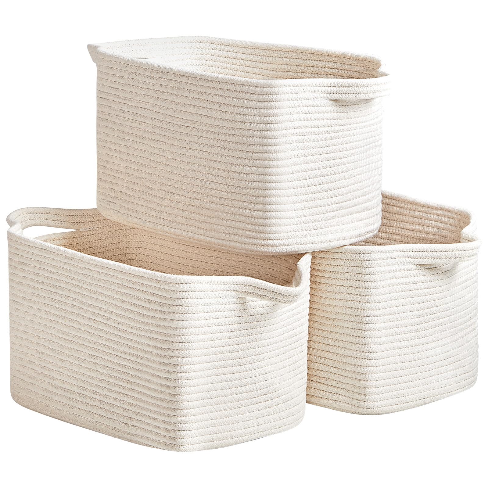 R RUNKA Cotton Rope Storage Basket Set of 3 (15"x10.2"x9.1") - Rectangle Storage Bins - Versatile Toy Storage Organizer - Perfect for Kids, Dog Toys, Books, Shelves - White