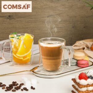 ComSaf glass coffee cups 12 oz with handle, latte cup Set of 4, Double Walled Glass Coffee Mugs, clear coffee mug for Americano, Lungo, Mocha, Machiato,Cappuccino, Ideal Gift for Christmas, Birthday