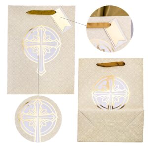 LeZakaa 13" Cross Gift Bag, Gold Christian Gift Bag with Tissue Paper, Gift Tag and Card for Christenings, Religious First Holy Communion, Confirmation, Weddings, Clergy Day