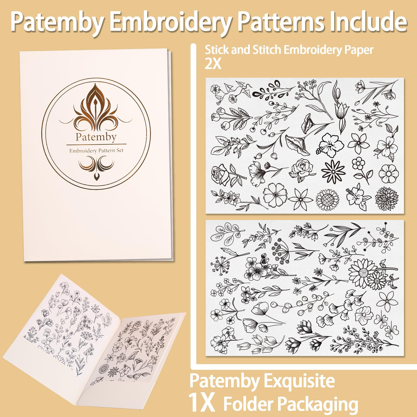 Patemby 50Pcs Water Soluble Embroidery Stabilizers, Stick and Stitch Embroidery Paper with Pre-Printed Flowers and Leaves Pattern Transfers for Hand Sewing Lover Beginners (Flower)