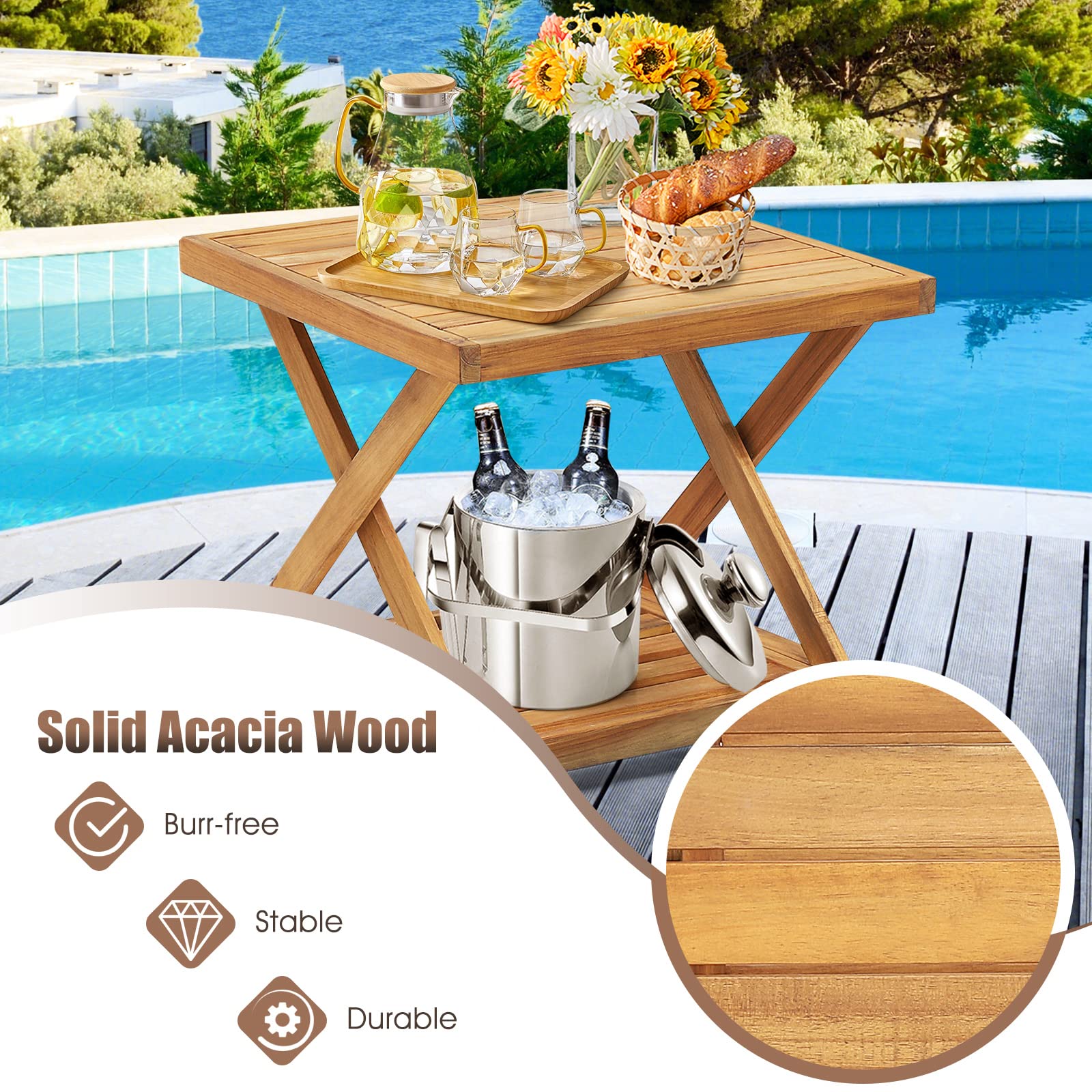 Tangkula 3 Pieces PE Wicker Patio Bistro Set, Outdoor Acacia Wood Conversation Set with Cushions and 2-Tier Coffee Table, Outdoor Patio Porch Furniture Set (Natural)