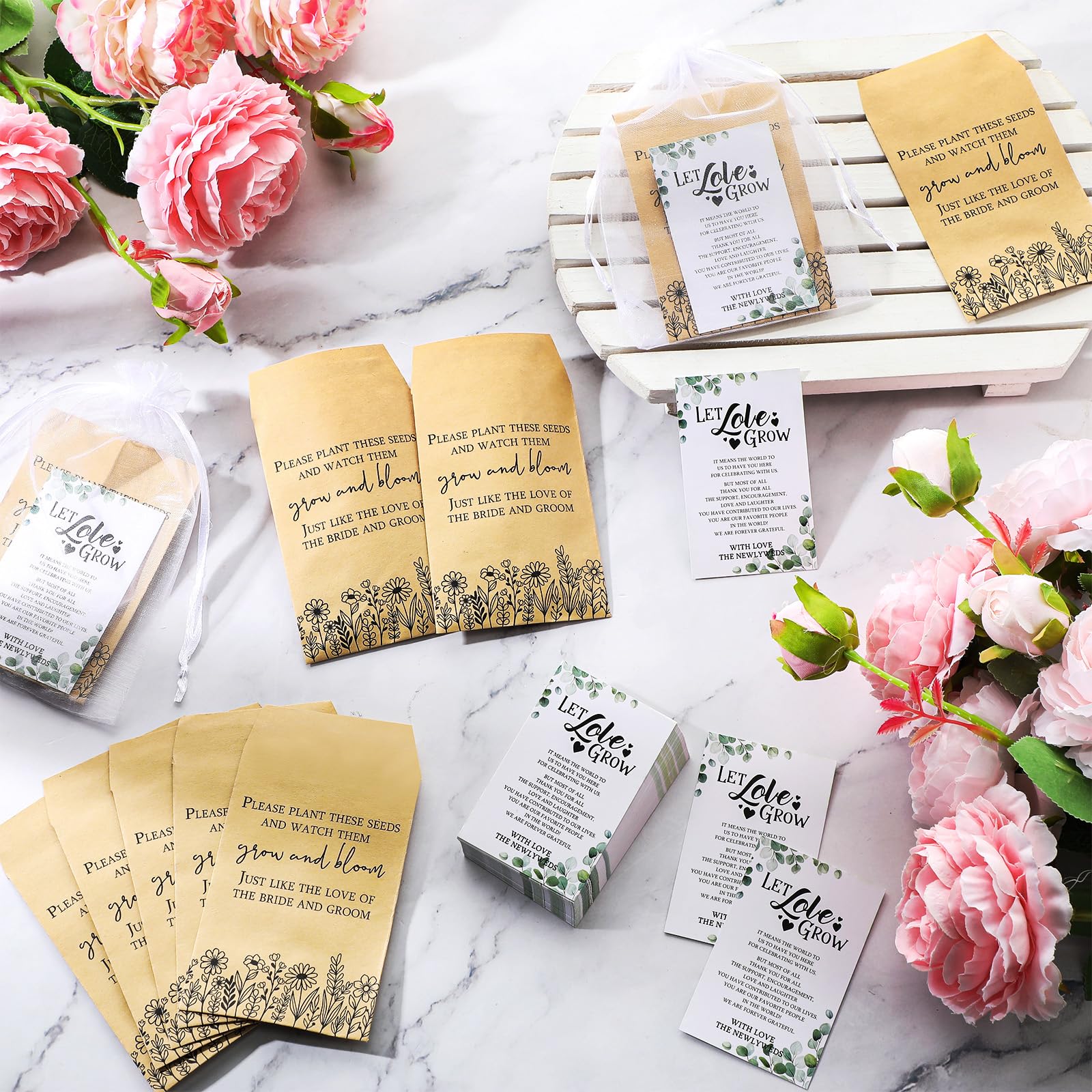 Ctosree 100 Set Wedding Favors for Guests Bulk Include 100 Pcs Self Adhesive Seed Packets Kraft Paper Seed Envelopes 100 Pcs Let Love Grow Cards 100 Pcs Organza Gift Bags for Bridal Shower (Classic)