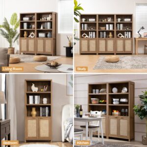 SICOTAS Bookcase 5 Tier Bookshelf Rattan Boho Tall Book Case Shelf with Doors Storage Large Wood Bookcases Farmhouse Bookshelves Library Shelves for Living Room Bedroom Home Office Kitchen (Oak 2PCS)