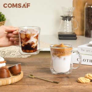 ComSaf glass coffee cups 12 oz with handle, latte cup Set of 4, Double Walled Glass Coffee Mugs, clear coffee mug for Americano, Lungo, Mocha, Machiato,Cappuccino, Ideal Gift for Christmas, Birthday