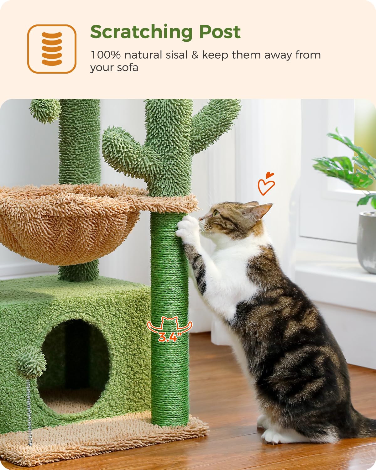 PEQULTI 4-in-1 Cactus Cat Tree, 33'' Cat Tower for Indoor Cats with Large Cat Condo, Cat Scratching Post for Cats with Deep Hammock& Cozy Top Perch,Green