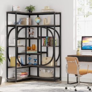 LITTLE TREE Large Corner Bookshelf Industrial Bookcase for Living Room Home Office,Grey