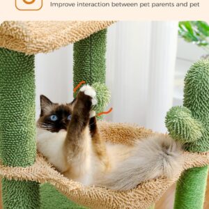 PEQULTI 4-in-1 Cactus Cat Tree, 33'' Cat Tower for Indoor Cats with Large Cat Condo, Cat Scratching Post for Cats with Deep Hammock& Cozy Top Perch,Green