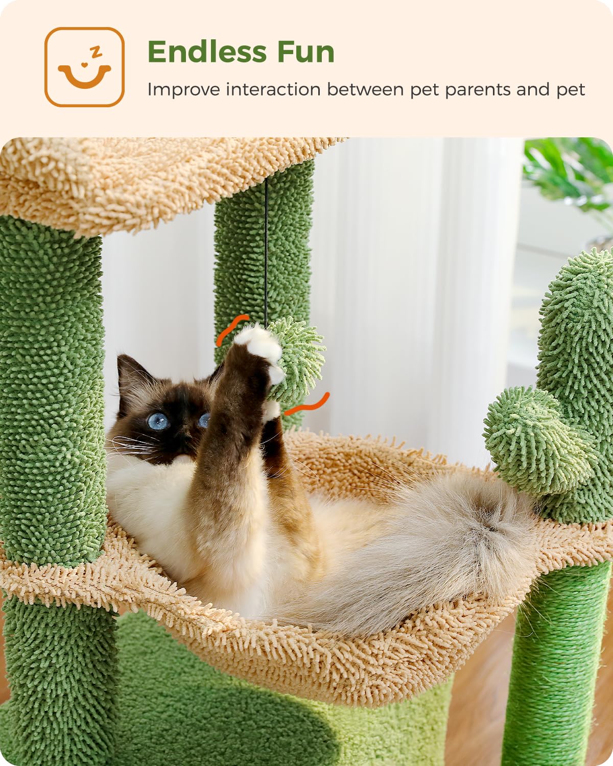 PEQULTI 4-in-1 Cactus Cat Tree, 33'' Cat Tower for Indoor Cats with Large Cat Condo, Cat Scratching Post for Cats with Deep Hammock& Cozy Top Perch,Green