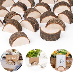 20 Premium Wood Place Card Holders, Rustic Mini Table Number Holders with 20 Kraft Table Place Cards and 50 m Natural Jute Rope, Table Sign Stand, Name Card Photo Picture Holders for Wedding Party