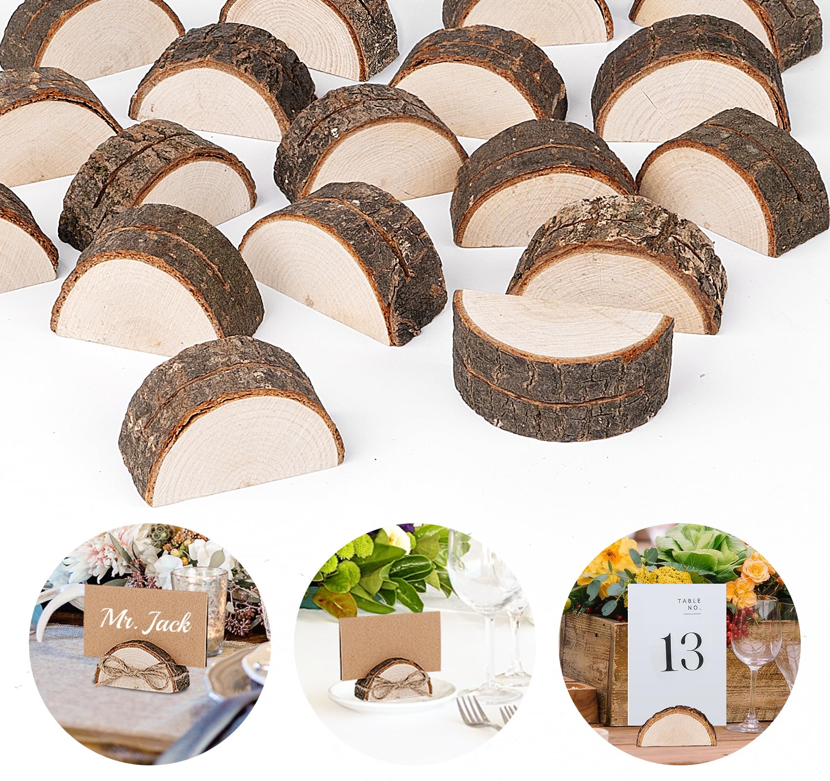 20 Premium Wood Place Card Holders, Rustic Mini Table Number Holders with 20 Kraft Table Place Cards and 50 m Natural Jute Rope, Table Sign Stand, Name Card Photo Picture Holders for Wedding Party