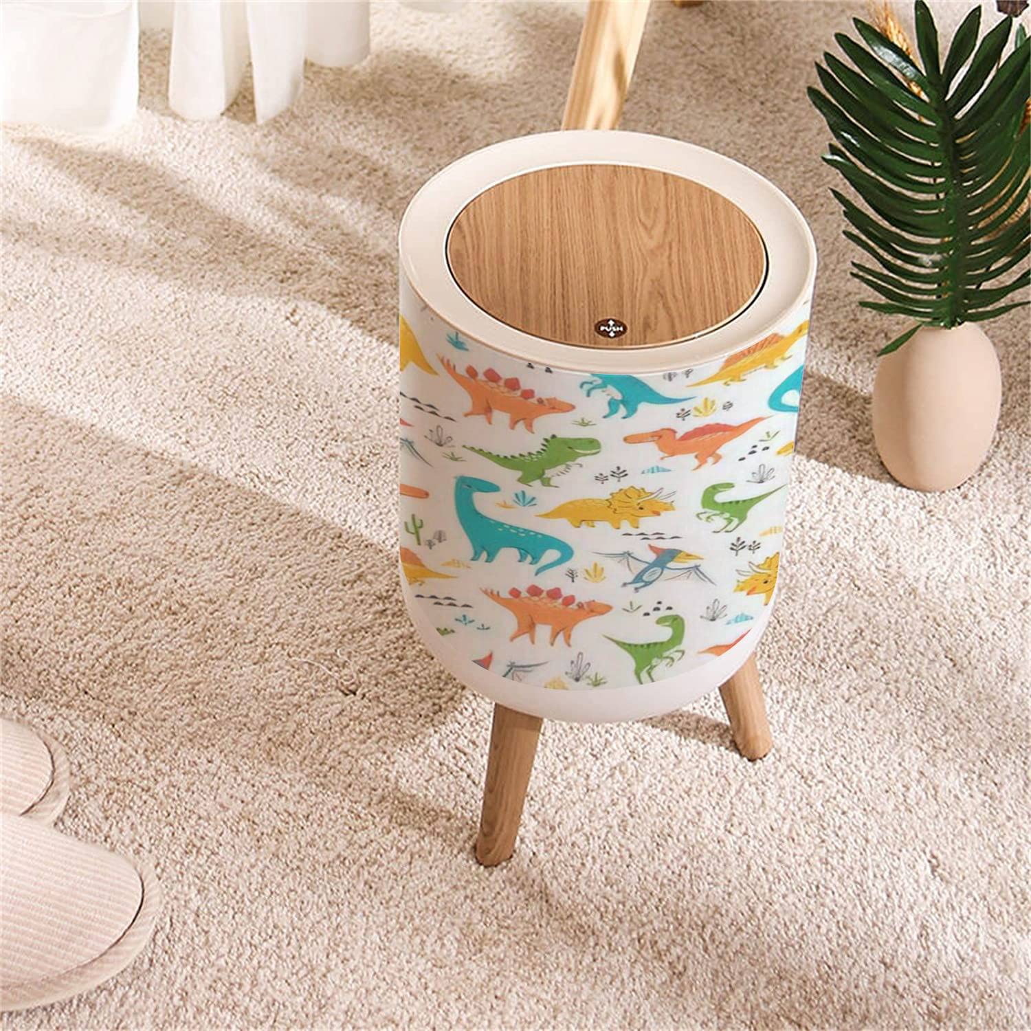 KCDCYCZEAL Small Trash Can with Lid Surface Cute Dinosaurs Round Recycle Bin Press Top Dog Proof Wastebasket for Kitchen Bathroom Bedroom Office 7L/1.8 Gallon