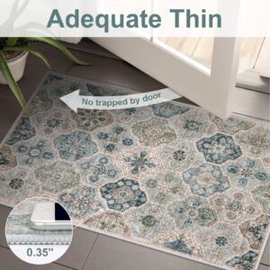 Beeiva Medallion Kitchen Rugs Non Slip, 2x5 Blue Laundry Rugs for Laundry Room, Framhouse Floral Small Bedside Porch Rug Machine Washable Rug for Bedroom Kitchen Entry Rugs for Inside House