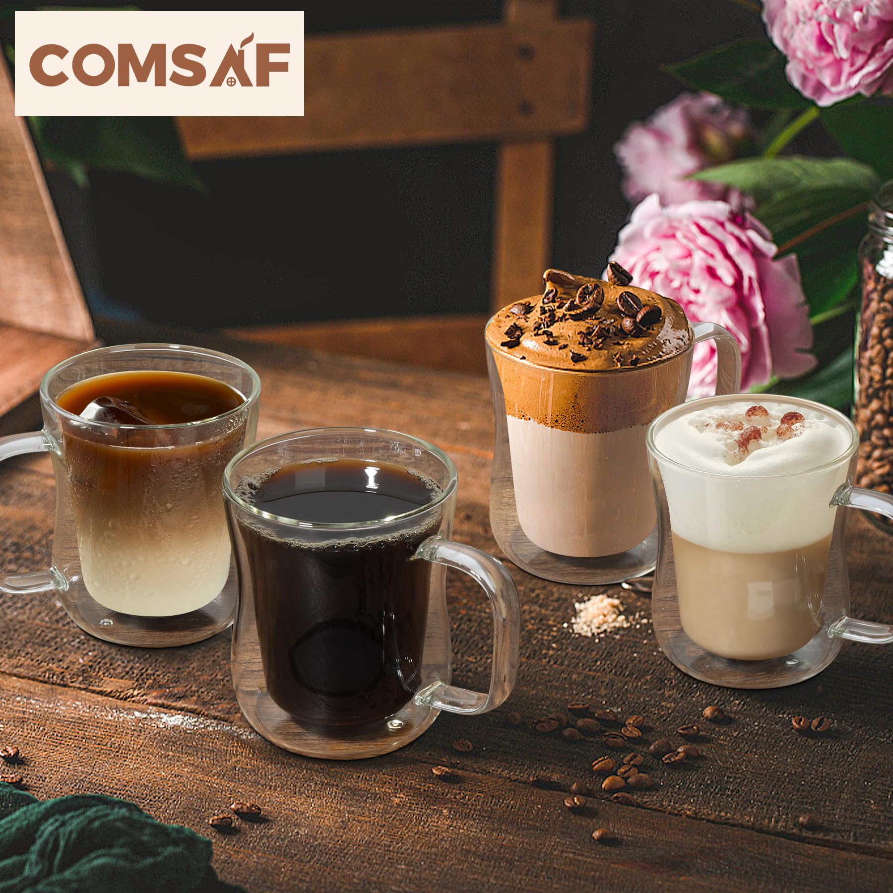 ComSaf glass coffee cups 12 oz with handle, latte cup Set of 4, Double Walled Glass Coffee Mugs, clear coffee mug for Americano, Lungo, Mocha, Machiato,Cappuccino, Ideal Gift for Christmas, Birthday