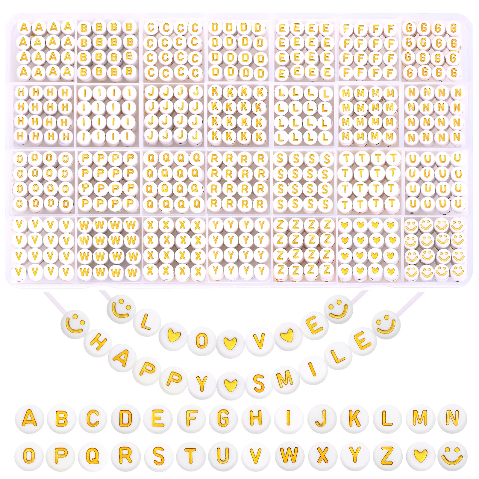 XIMISHOP 1400pcs Round Letter Beads for Jewelry Making, 28 Style Gold A-Z Alphabet Acrylic Beads Kits Heart Beads for Bracelets Making (4 * 7mm)