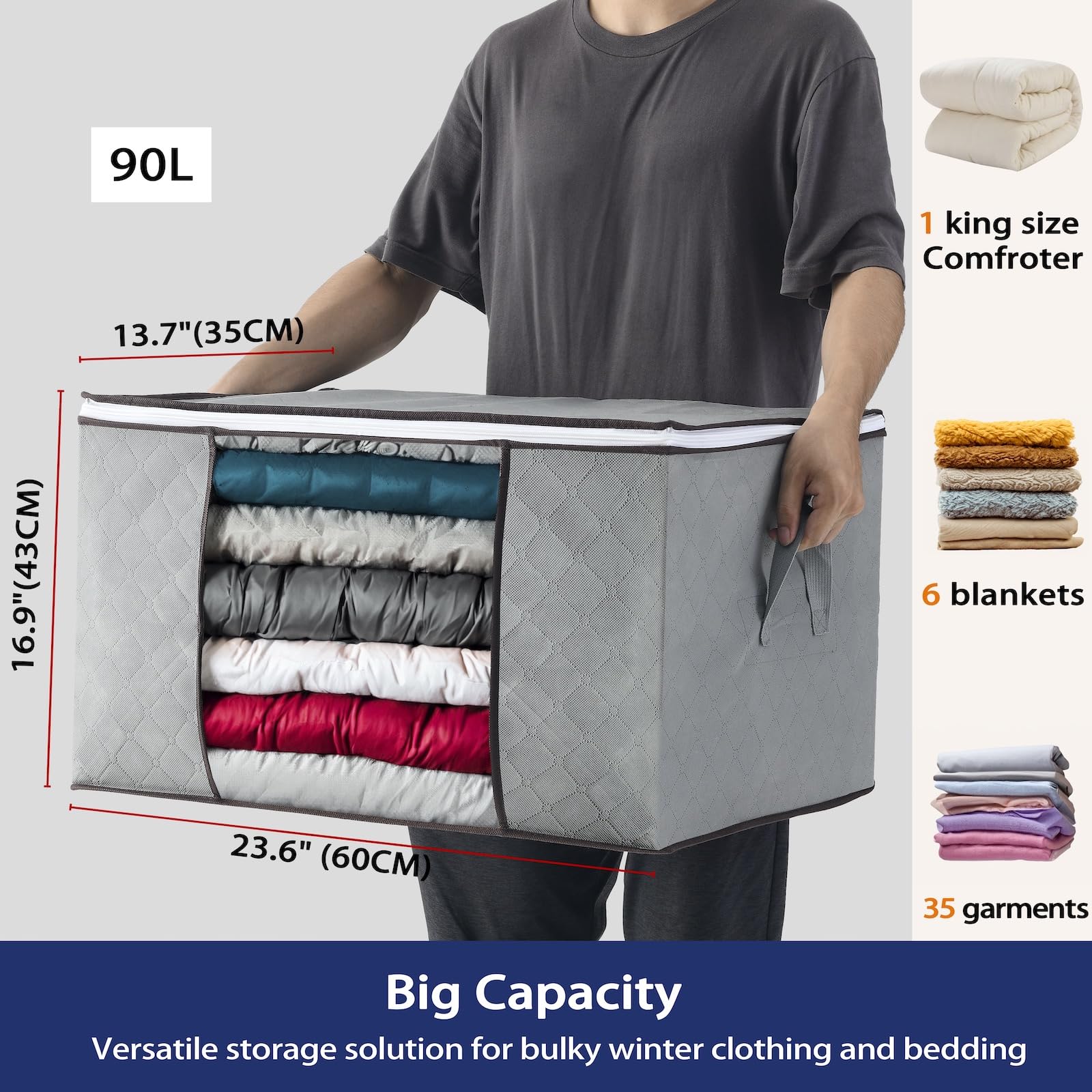 MCOLIMA Linen Storage Organizer, 2 Pack Large 90L Foldable Storage Bags Bedding Storage Containers with Zipper Lids, Closet Collapsible Clothing Bins for Linen Blanket Fabric Pillow Dorm