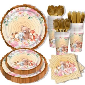 woodland baby shower decorations for girls, baby shower plates cups and napkins sets 24 guests, baby girl shower decoration birthday party supplies, 168pcs animal floral party paper plates