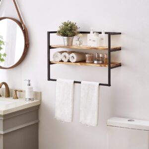 Metal Industrial 2 Tier Bathroom Shelves Wall Mounted,24" Bathroom Shelf with Towel Bar,Wall Shelf Towel Rack Over Toilet,Floating Shelves Towel Holder,Solid Wood Shelves with Metal Frame,Black