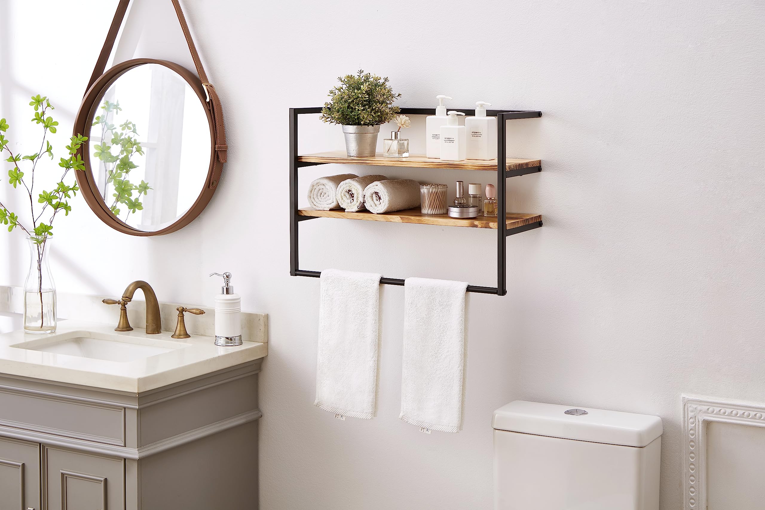 Metal Industrial 2 Tier Bathroom Shelves Wall Mounted,24" Bathroom Shelf with Towel Bar,Wall Shelf Towel Rack Over Toilet,Floating Shelves Towel Holder,Solid Wood Shelves with Metal Frame,Black