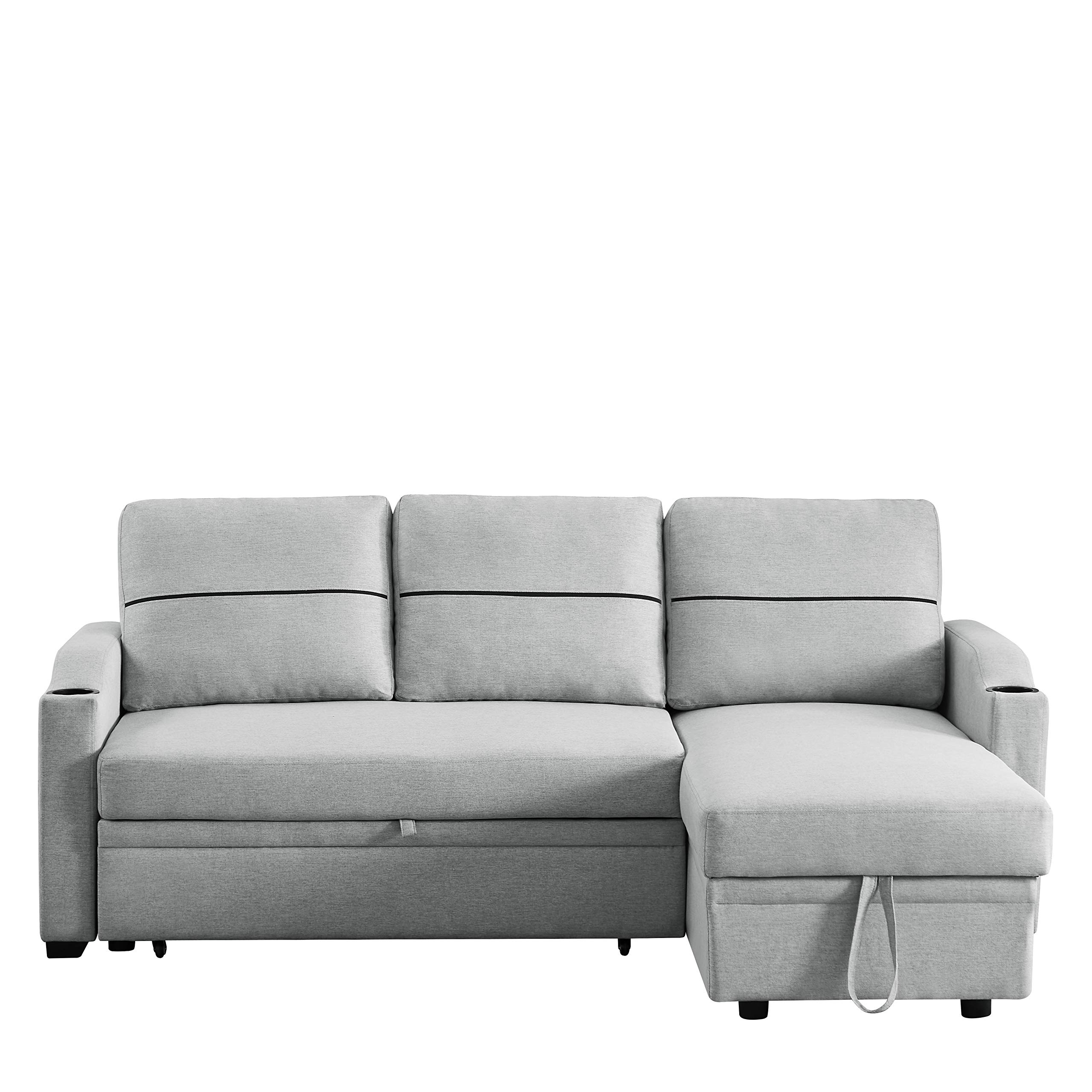 Eafurn Convertible Sectional Sleeper Pull Out Bed, 3-Seater L-Shaped Storage Chaise and 2 Cup Holders, Linen Fabric Upholstered Corner Sofa & Couches for Living Room, Gray 81"