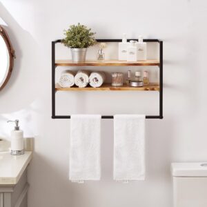 Metal Industrial 2 Tier Bathroom Shelves Wall Mounted,24" Bathroom Shelf with Towel Bar,Wall Shelf Towel Rack Over Toilet,Floating Shelves Towel Holder,Solid Wood Shelves with Metal Frame,Black