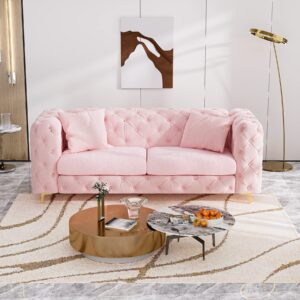 DAMAIFROM 75 Inch Sofa Couch Set of 2, Modern Upholstered Couch Tufted Velvet Sofa High Arm and Metal Gold Legs Decor with 2 Piilows Big Comfy Couch for Living Room, Pink