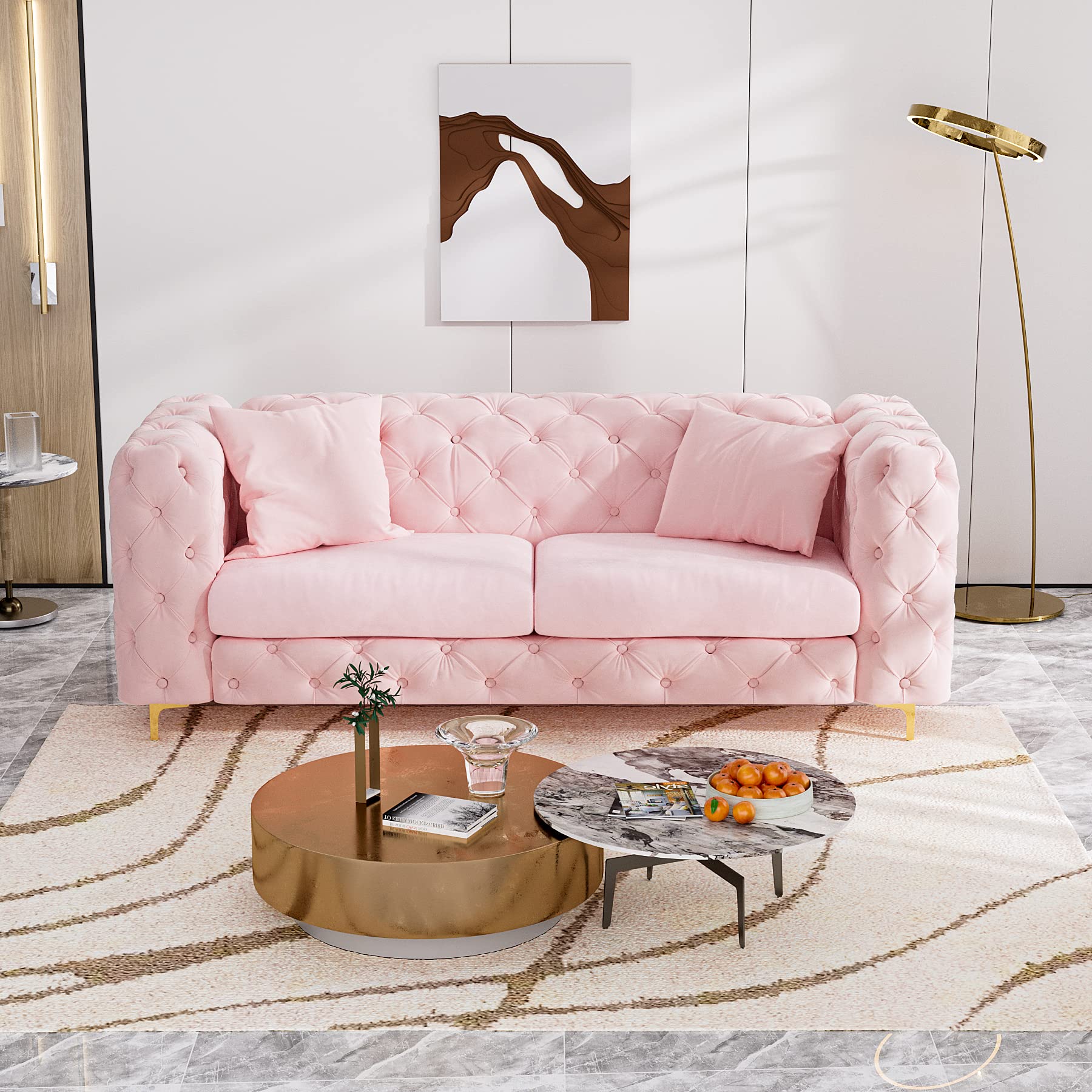 DAMAIFROM 75 Inch Sofa Couch Set of 2, Modern Upholstered Couch Tufted Velvet Sofa High Arm and Metal Gold Legs Decor with 2 Piilows Big Comfy Couch for Living Room, Pink