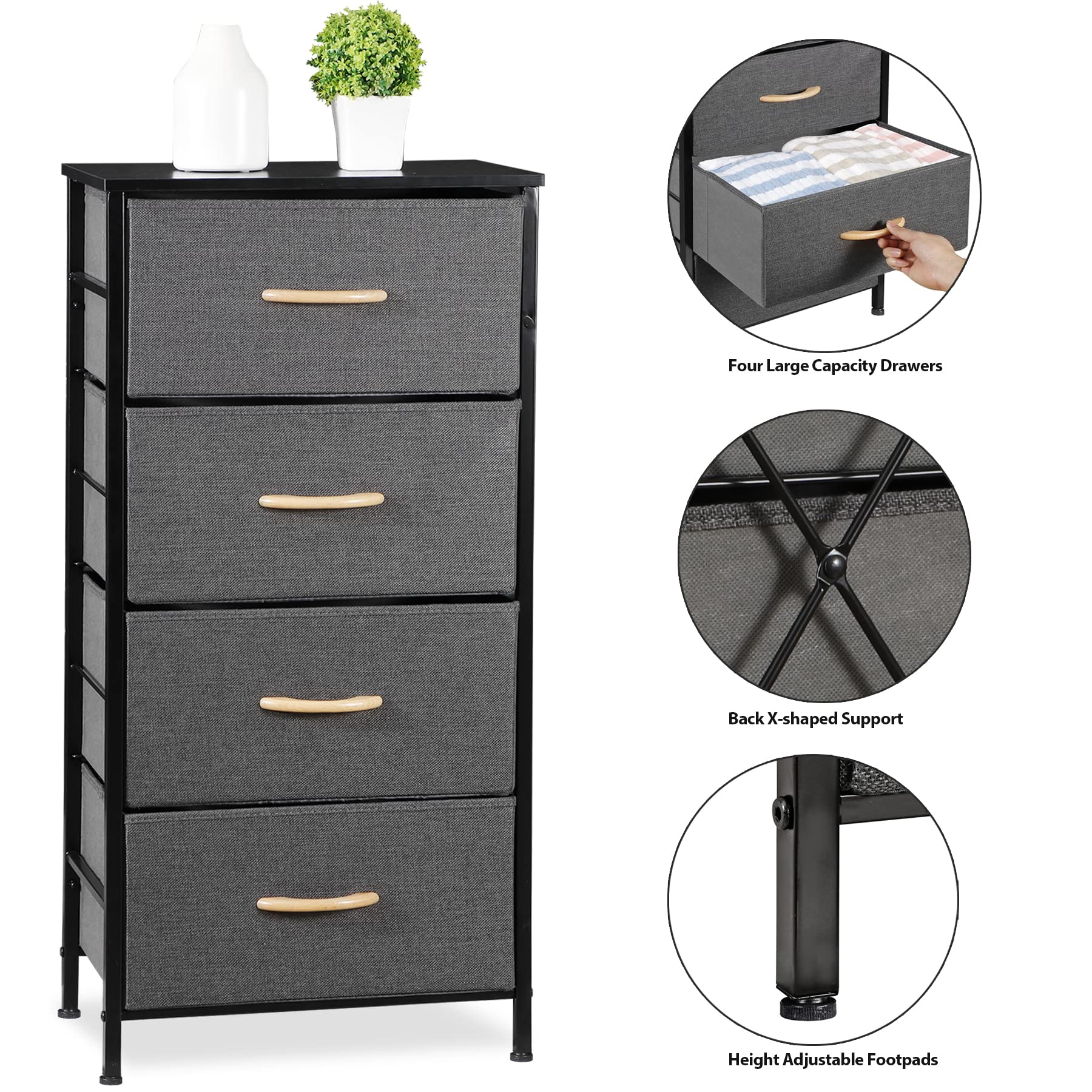 SUPER DEAL Dresser for Bedroom with 4 Storage Drawers, Fabric Chest of Drawers Storage Organizer with Wood Top and Metal Frame for Closet Living Room Hallway Entryway, 36 inch Tall Grey