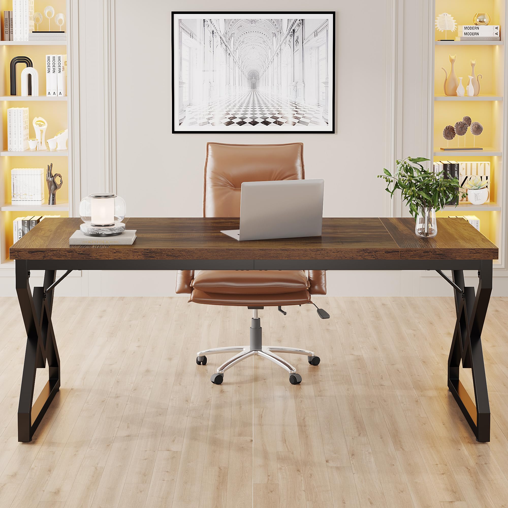 Tribesigns Executive Desk, Office Desk with Extra Thickened Wooden Tabletop and Metal Frame, Large 63 Inches Computer Desk Writing Table Study Desk for Home Office, Rustic Brown