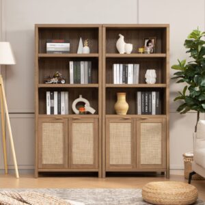 SICOTAS Bookcase 5 Tier Bookshelf Rattan Boho Tall Book Case Shelf with Doors Storage Large Wood Bookcases Farmhouse Bookshelves Library Shelves for Living Room Bedroom Home Office Kitchen (Oak 2PCS)