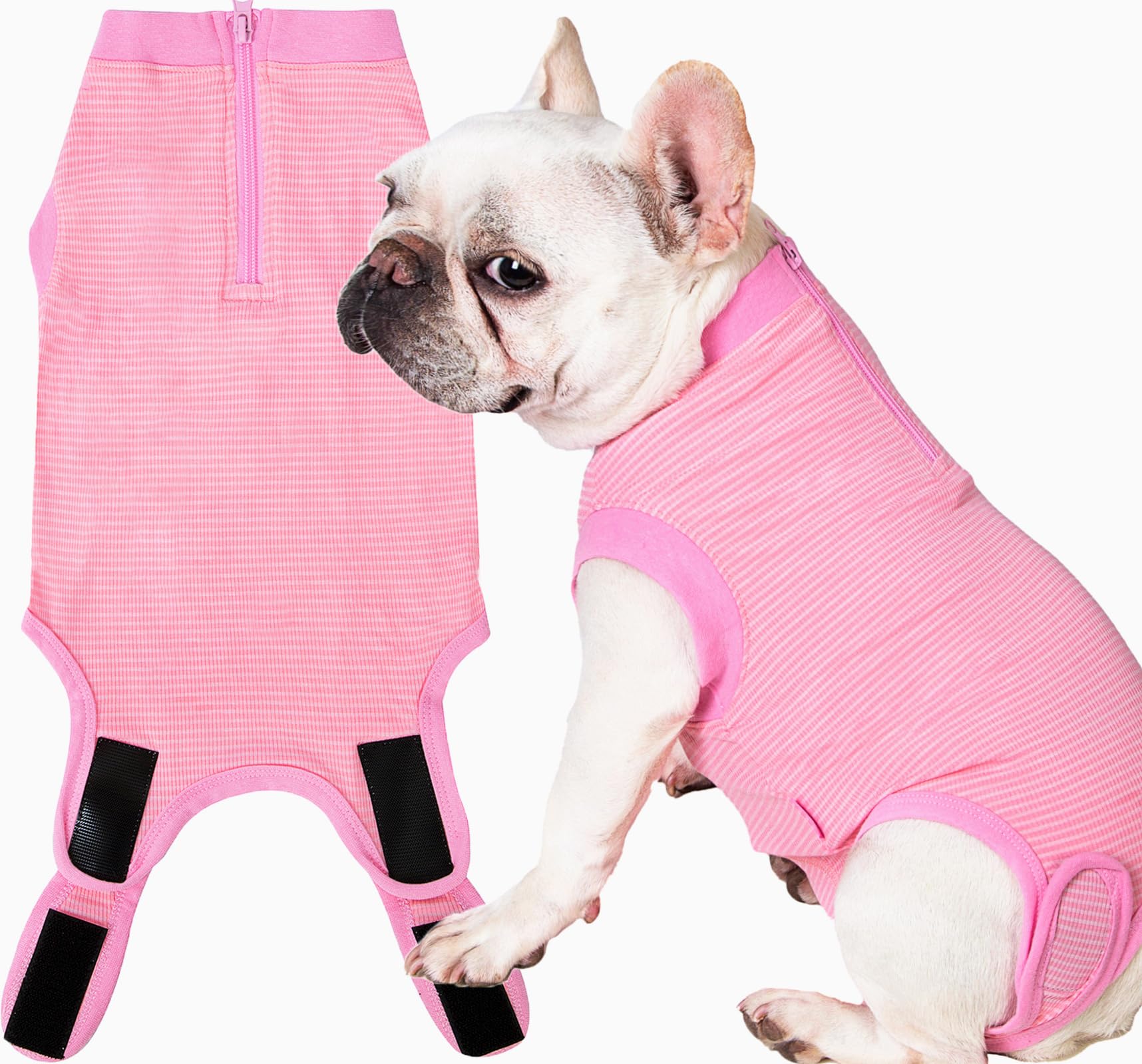 Wabdhally Dog Surgery Recovery Suit,Surgical Suit for Small Female Spay,Soft Combed Cotton,Watermelon Pink Striped Zipper Onesie XS