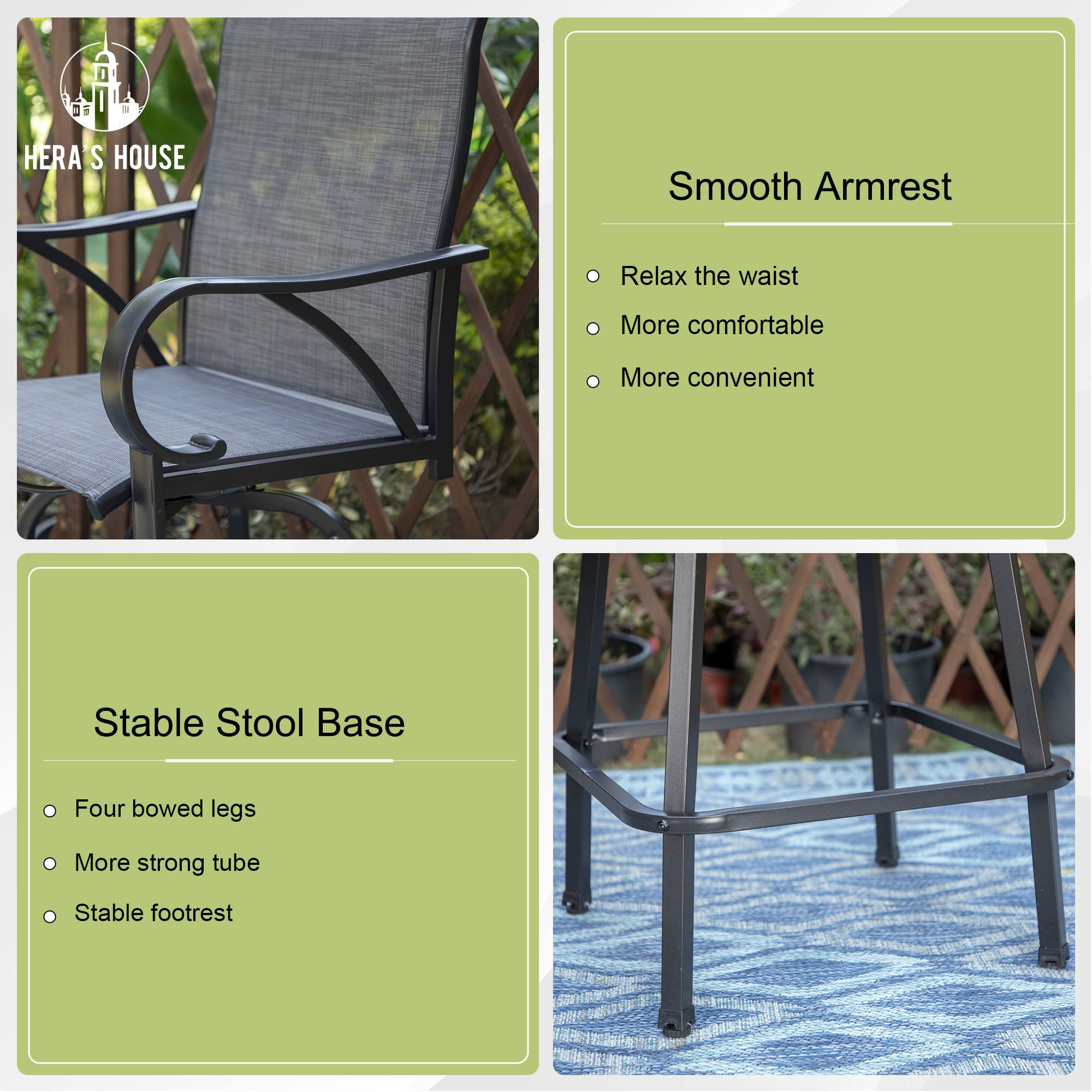 HERA'S HOUSE Patio Bar Stools Set of 2, Outdoor Swivel Bar Height Patio Chairs with Solid Back & Armrest, All Weather Textilen Fabric High Top Chair for Lawn Garden, Grey