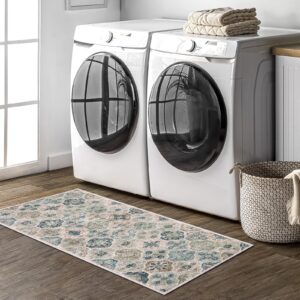 Beeiva Medallion Kitchen Rugs Non Slip, 2x5 Blue Laundry Rugs for Laundry Room, Framhouse Floral Small Bedside Porch Rug Machine Washable Rug for Bedroom Kitchen Entry Rugs for Inside House