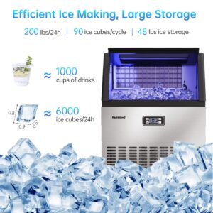 RESTISLAND Commercial Ice Maker Machine, 200 lbs/24 Hours, 48 lbs Storage Bin, Stainless Steel, Blue Light, Freestanding, Great for Home or Business, Includes Ice Scoop, Connecting Hose